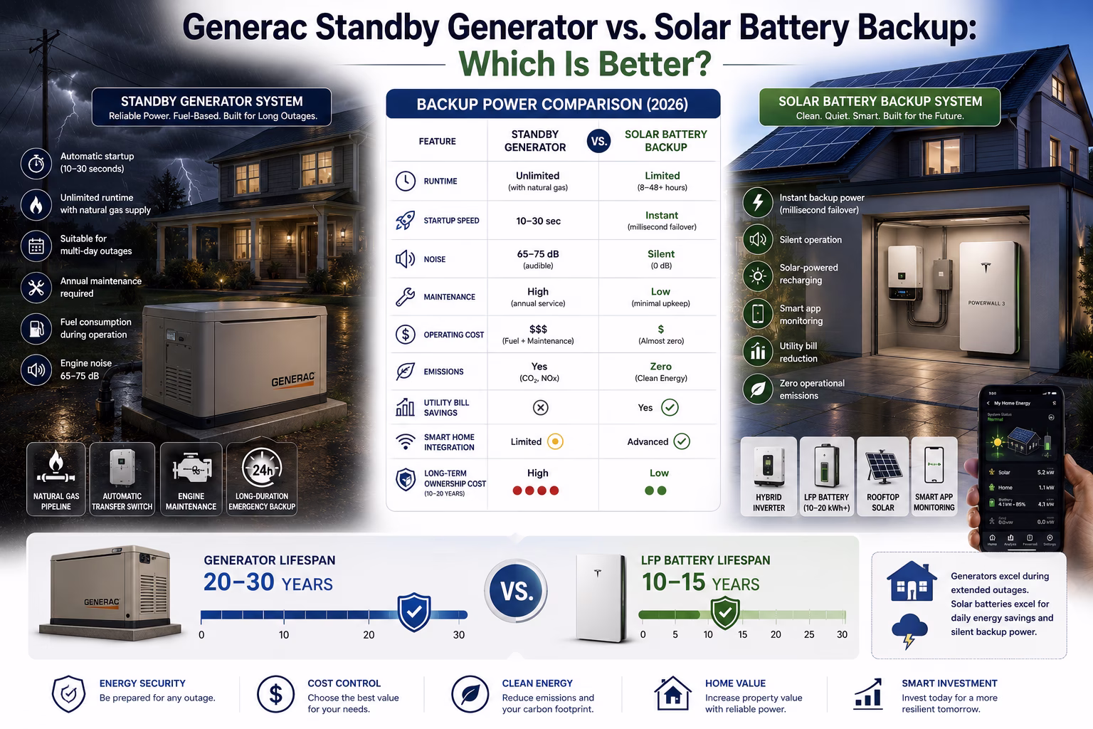 Generac Standby Generator vs Solar Battery Storage System Breakdown